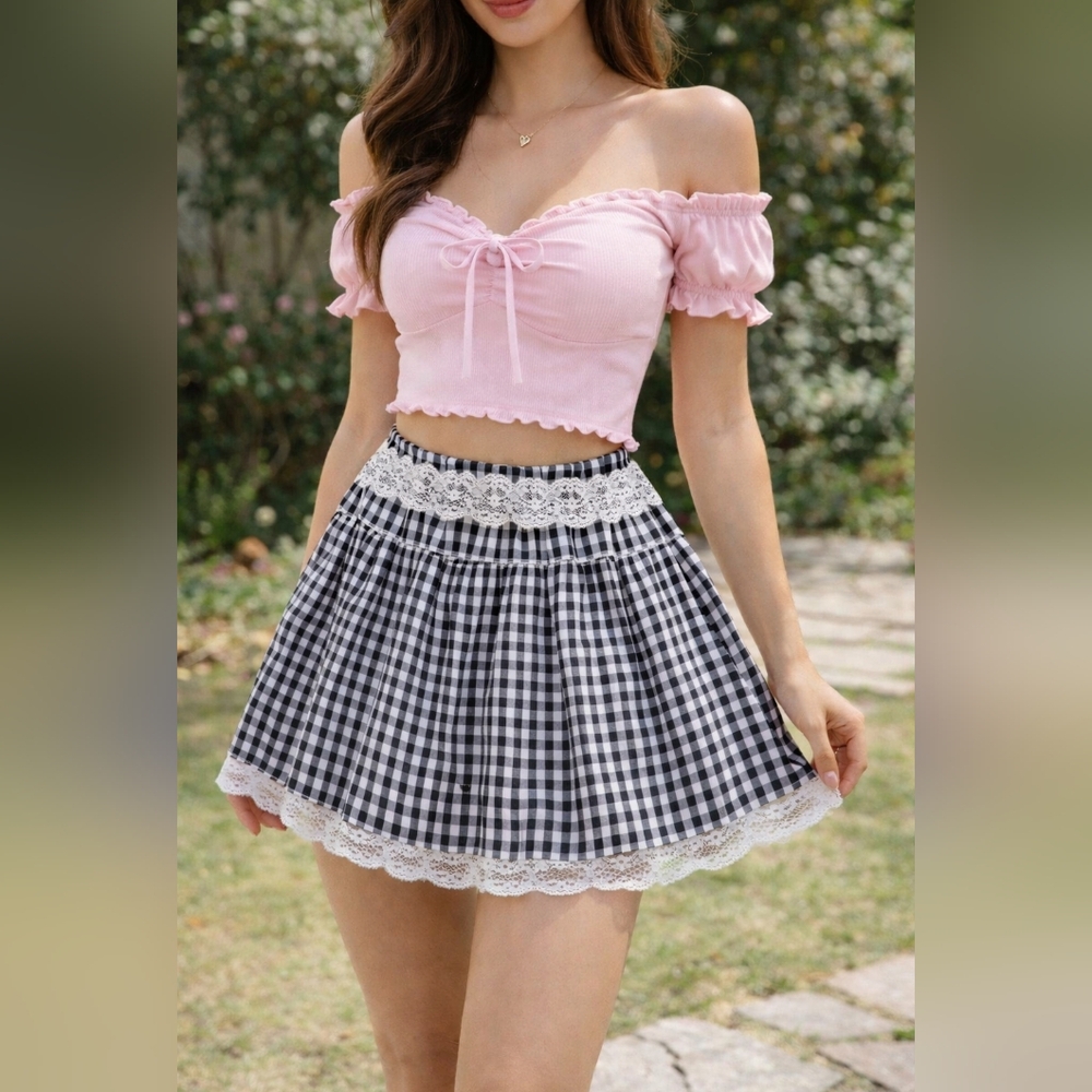 Checkered Mini Skirt with Lace Trim
